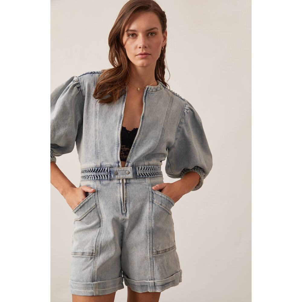 Light Blue Denim Short Jumpsuit with Braided Waist